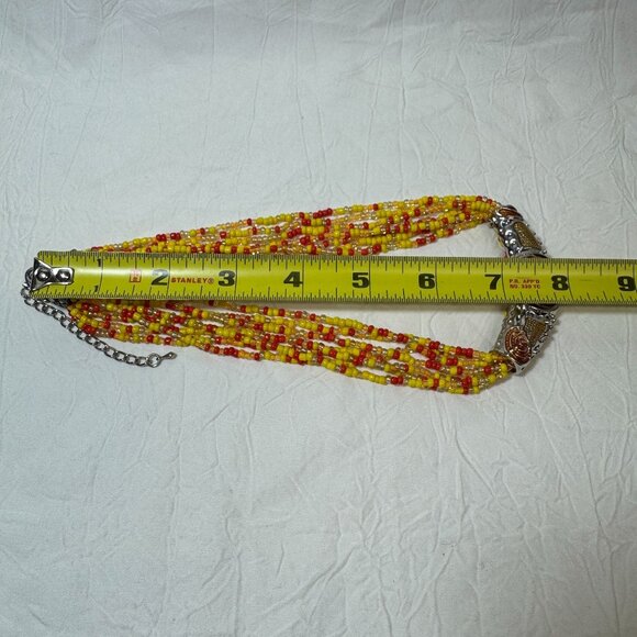 Multicolor 7 strand Seed Bead Statement Necklace With Silver & Orange Pendant - Picture 8 of 8